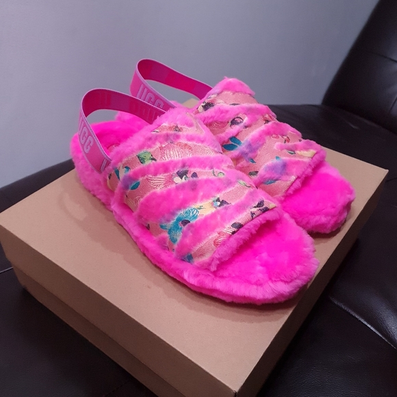 Ugg Fluff Yeah Tiger Flower Bright Pink Slingback Slip-on Slipper Womens US 11 - Picture 1 of 16